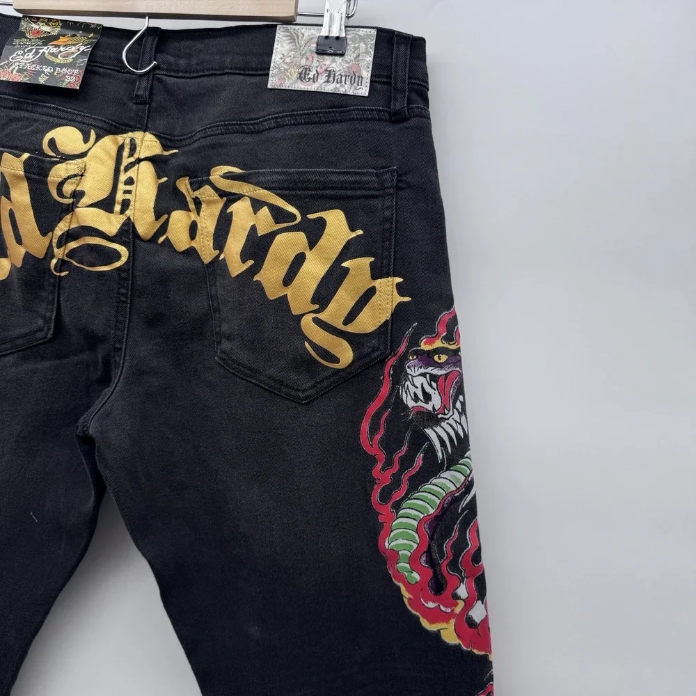 Ed Hardy Men's Bootcut Black Denim Jeans Embroidered Dragon Logo 5-Pocket sz 32